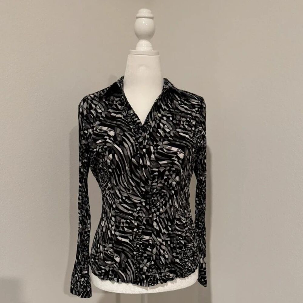 Apt. 9 Abstract Print Button-Up Blouse Medium Black White Y2K Stretch Top